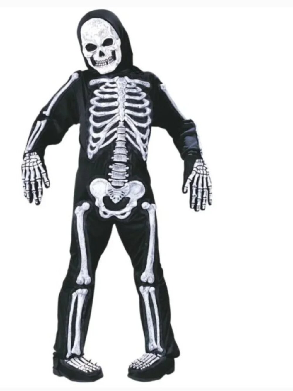 Skeleton Halloween Costume 8/10 White Skelebones 3-D Jumpsuit, Mask 6 Pc Boys